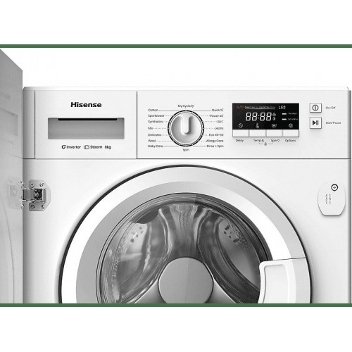 Lavadora integrable - Hisense WF3M841BWIES, 8 kg, 1400 rpm, 15 programas, Secado Allergy Care, Clase A, Sin Panelar