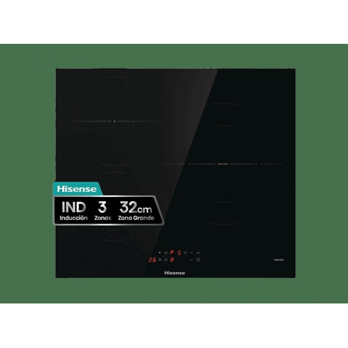 Placa inducción - Hisense HI6321BSCE, Zona XL 32cm, Calentamiento rápido, Zonas conectables, 59 cm, Negro