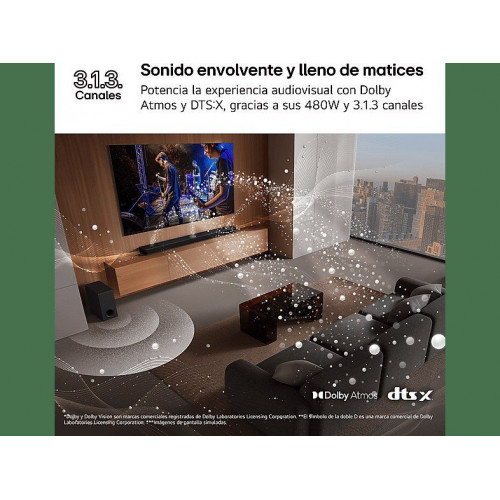 Barra de sonido - LG S80TY, Bluetooth, 480 W, 3.1.3 canales con subwoofer, Dolby Atmos y DTS, Negro