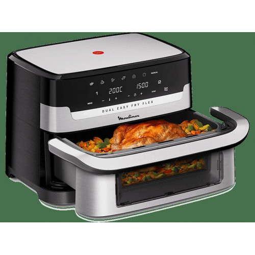 Freidora de aire - Moulinex Dual Easy Fry Flex EZ922D, 2700W, 9L, 7 programas, Separador de cesta, 40°C-200°C, hasta 8 personas, Negro