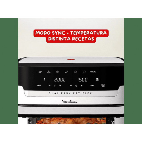 Freidora de aire - Moulinex Dual Easy Fry Flex EZ922D, 2700W, 9L, 7 programas, Separador de cesta, 40°C-200°C, hasta 8 personas, Negro