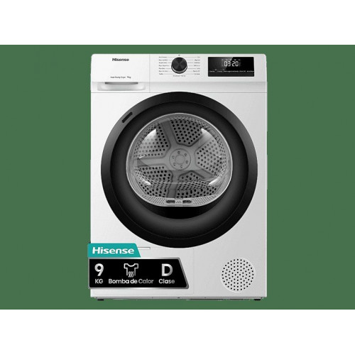 Secadora bomba de calor - Hisense DHQE900UWDC, 9 kg, 16 programas, Anti arrugas, Secado automático, Blanco