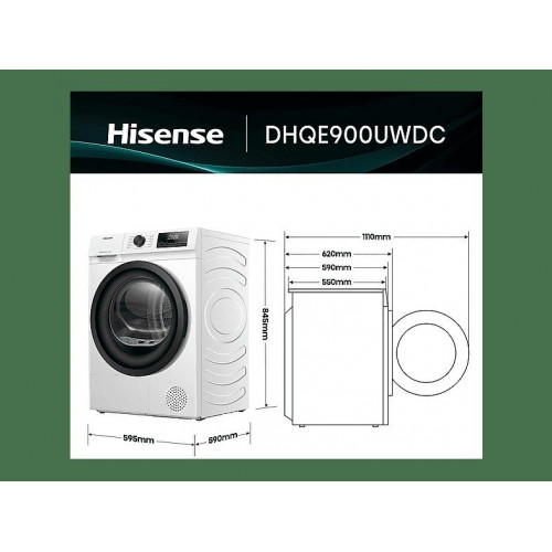 Secadora bomba de calor - Hisense DHQE900UWDC, 9 kg, 16 programas, Anti arrugas, Secado automático, Blanco