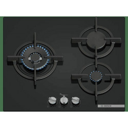Placa de gas - Bosch PPC6A6I10, 3 zonas, Ancho 59 cm, Gas natural, Vidrio templado, Negro