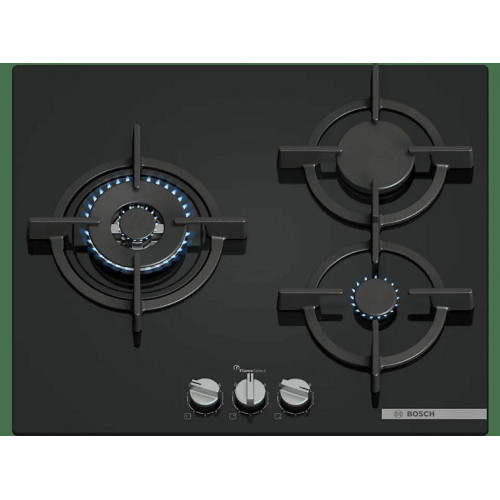 Placa de gas - Bosch PPC6A6I10, 3 zonas, Ancho 59 cm, Gas natural, Vidrio templado, Negro