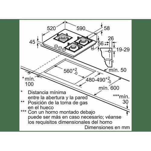 Placa de gas - Bosch PPC6A6I10, 3 zonas, Ancho 59 cm, Gas natural, Vidrio templado, Negro