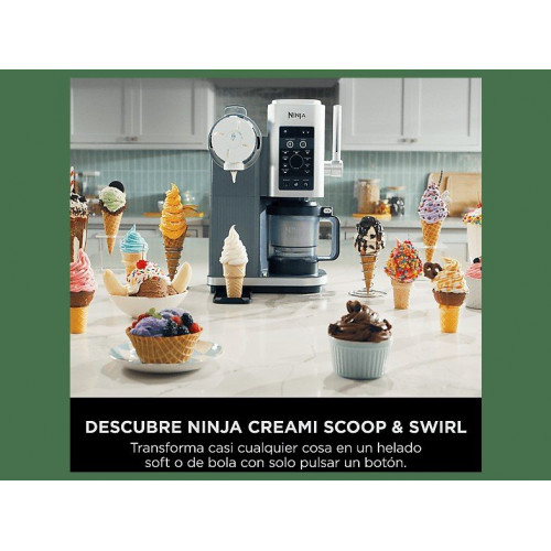Heladera - Ninja CREAMi Scoop & Swirl NC701EU, 13 programas, 2 tarrinas 480 ml, 800 W, Gris Platino