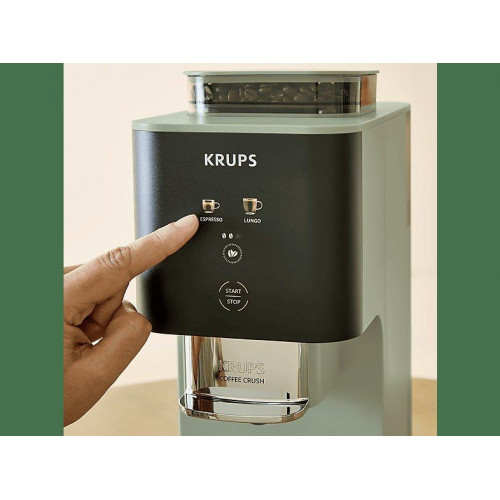 Cafetera superautomática - Krups Coffee Crush, Café en grano y molido, 15 bares, 2 recetas de café, Táctil, Compacta, 3 niveles de molienda, Verde