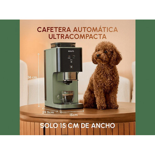 Cafetera superautomática - Krups Coffee Crush, Café en grano y molido, 15 bares, 2 recetas de café, Táctil, Compacta, 3 niveles de molienda, Verde