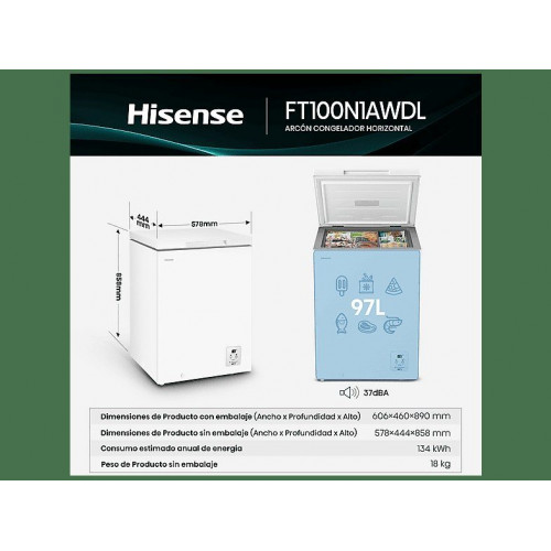 Congelador horizontal - Hisense FT100N1AWDL, 97 l, 85.8 cm, Congelador Convertible, Goma Antibacerias, Blanco
