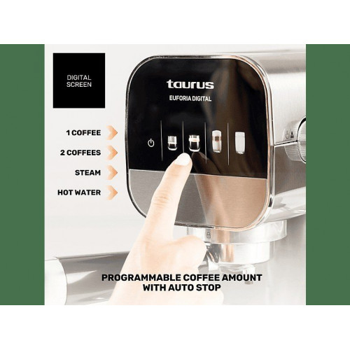 Cafetera espresso - TAURUS Euforia Digital, 20 bar, 1350 W, INOX/Negro