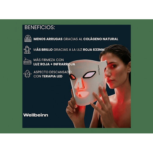 Máscara LED facial - WELLBEINN Redinn Mask | Máscara De Luz Roja, Sin afeitadora incluida, Niveles de funcionamiento: 4 modos de luz, Negro