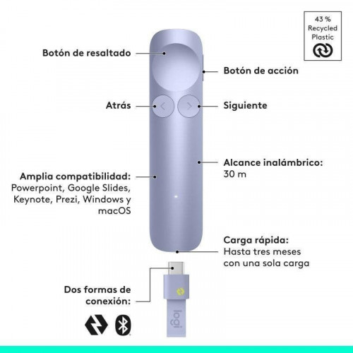 Mando a distancia Logitech Spotlight 2 Lila Bluetooth USB-C