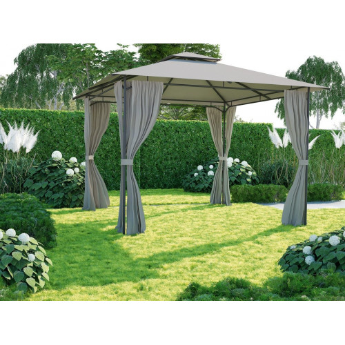 Cenador de acero con cubierta y cortinas NATERIAL Oxis de 403 x 302 cm beige