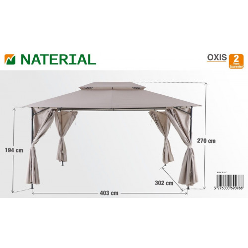 Cenador de acero con cubierta y cortinas NATERIAL Oxis de 403 x 302 cm beige