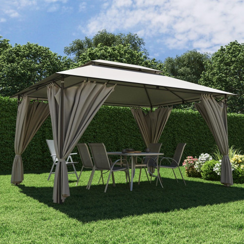 Cenador de acero con cubierta y cortinas NATERIAL Oxis de 403 x 302 cm beige