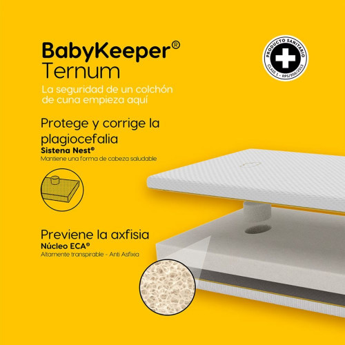 Colchón de cuna Ternum BabyKeeper - colchón espuma ECA con tejido transpirable y antibacteriano | Certificado Sanitario Blanco