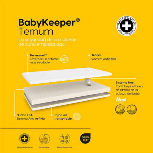 Colchón de cuna Ternum BabyKeeper - colchón espuma ECA con tejido transpirable y antibacteriano | Certificado Sanitario Blanco