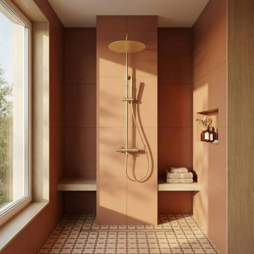 Columna de ducha con grifo Monomando ESSEBAGNO ENVOL II ENVOL II Dorado Satinado Rociador 30 cm Redondo extraplano Barra extensible Sistema antical Con ahorro de agua