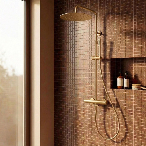 Columna de ducha con grifo Monomando ESSEBAGNO ENVOL II ENVOL II Dorado Satinado Rociador 30 cm Redondo extraplano Barra extensible Sistema antical Con ahorro de agua
