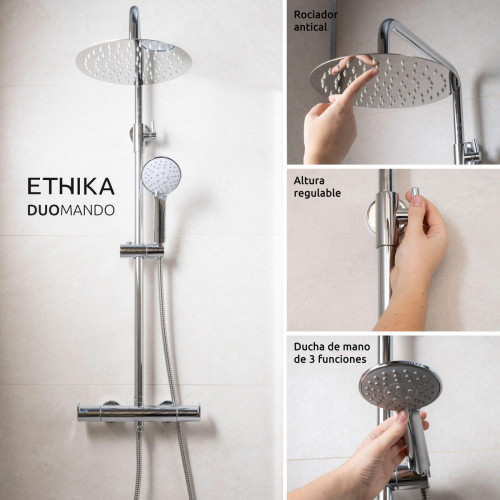 Columna de ducha con grifo Monomando STROHM TEKA Ethika Cromo Brillo Rociador 25 Redondo extraplano Barra extensible Sistema antical Con ahorro de agua