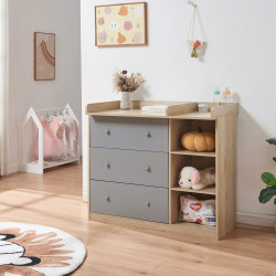 Cómoda Beldinupp con cambiador extraíble 3 cajones 93x110x55 cm - Efecto roble/Gris [en.casa]
