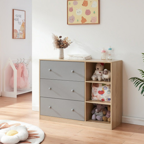 Cómoda Beldinupp con cambiador extraíble 3 cajones 93x110x55 cm - Efecto roble/Gris [en.casa]