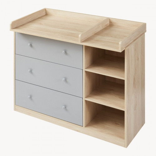 Cómoda Beldinupp con cambiador extraíble 3 cajones 93x110x55 cm - Efecto roble/Gris [en.casa]