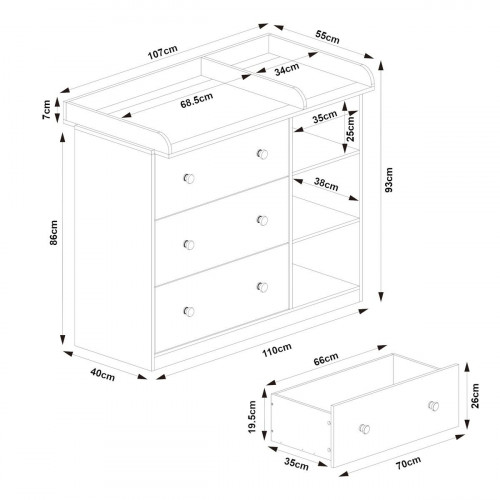 Cómoda Beldinupp con cambiador extraíble 3 cajones 93x110x55 cm - Efecto roble/Gris [en.casa]