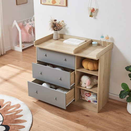 Cómoda Beldinupp con cambiador extraíble 3 cajones 93x110x55 cm - Efecto roble/Gris [en.casa]