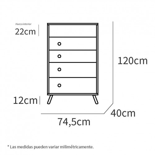 Cómoda de 4 cajones color castaño serie Camila 74.5 x 120 x 40 cm
