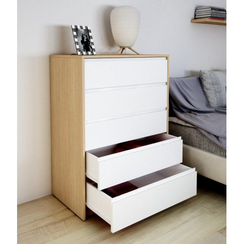 Cómoda Home Tera blanca y roble con 5 cajones de 80x109x48 cm