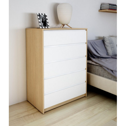 Cómoda Home Tera blanca y roble con 5 cajones de 80x109x48 cm