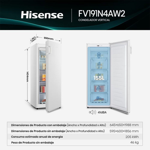 Congelador vertical Hisense No frost, Multi Airflow - FV191N4AW2 Blanco