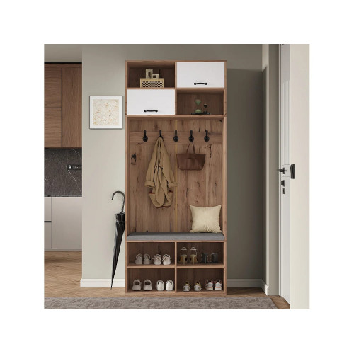 Conjunto de armario con banco + 5 ganchos + 2 puertas + 6 compartimentos de almacenaje - 80 x 35 x 185 cm - aglomerado - natural