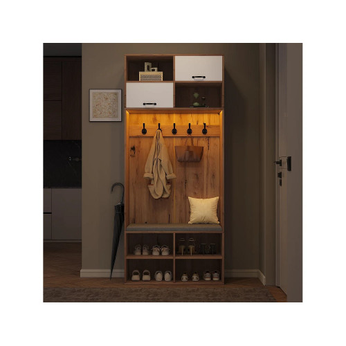 Conjunto de armario con banco + 5 ganchos + 2 puertas + 6 compartimentos de almacenaje - 80 x 35 x 185 cm - aglomerado - natural