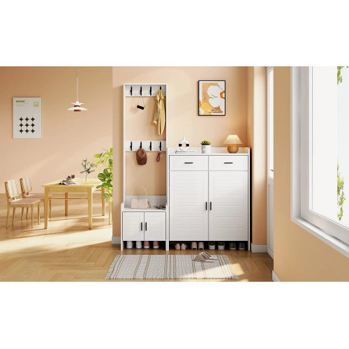 Conjunto de muebles blancos para recibidor: zapatero con 2 cajones y 8 ganchos.