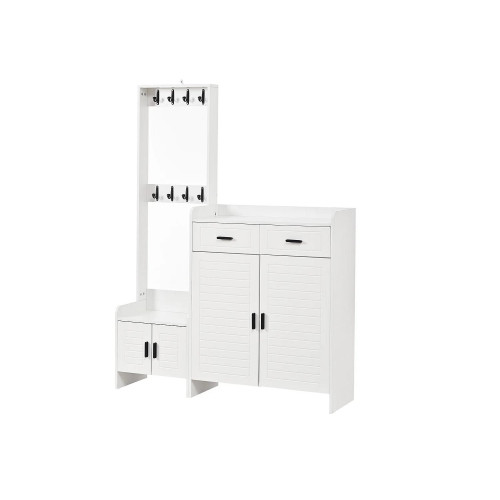 Conjunto de muebles blancos para recibidor: zapatero con 2 cajones y 8 ganchos.