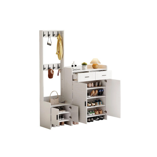 Conjunto de muebles blancos para recibidor: zapatero con 2 cajones y 8 ganchos.