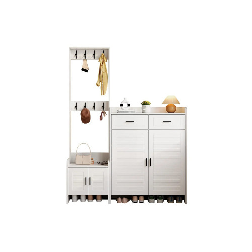 Conjunto de muebles blancos para recibidor: zapatero con 2 cajones y 8 ganchos.