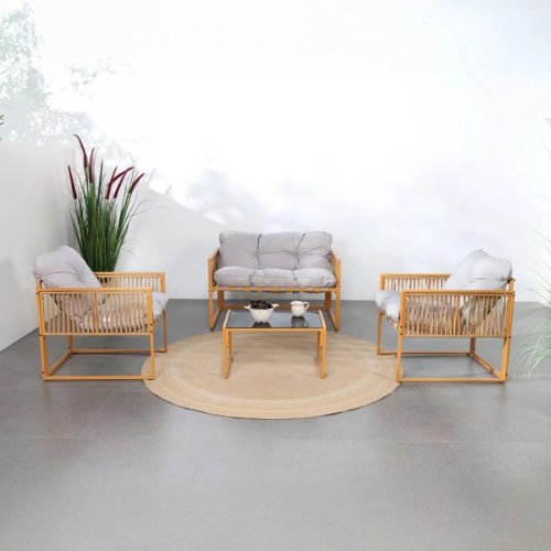 Conjunto de muebles de jardin de 4 plazas efecto ratán con cojines