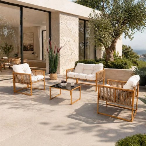 Conjunto de muebles de jardin de 4 plazas efecto ratán con cojines bla
