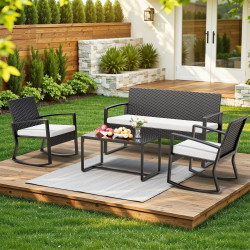 Conjunto De Muebles De Terraza 4 Piezas En Ratán Negro, Sillones Mecedores Con Mesa De Vidrio Templado, Para Jardín Balcón