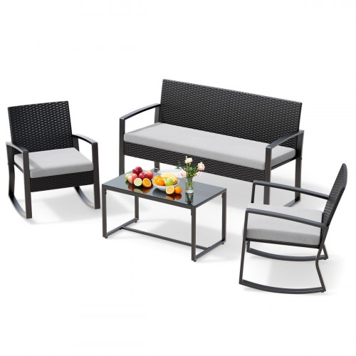 Conjunto De Muebles De Terraza 4 Piezas En Ratán Negro, Sillones Mecedores Con Mesa De Vidrio Templado, Para Jardín Balcón