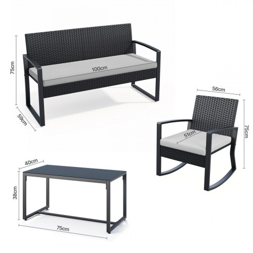 Conjunto De Muebles De Terraza 4 Piezas En Ratán Negro, Sillones Mecedores Con Mesa De Vidrio Templado, Para Jardín Balcón