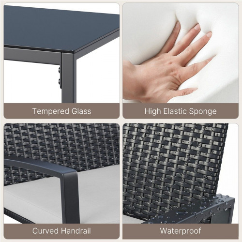 Conjunto De Muebles De Terraza 4 Piezas En Ratán Negro, Sillones Mecedores Con Mesa De Vidrio Templado, Para Jardín Balcón