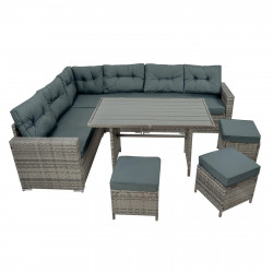 Conjunto de Ratán con Sofá Rinconera y Mesa de Madera Sintética – Gris
