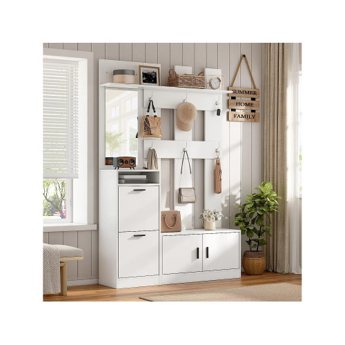 Conjunto de recibidor 120x30x180 cm - Con zapatero y banco - Con espejo y ganchos - MDF - Blanco