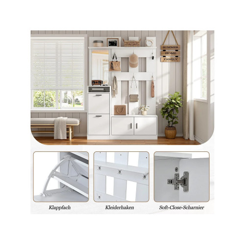 Conjunto de recibidor 120x30x180 cm - Con zapatero y banco - Con espejo y ganchos - MDF - Blanco