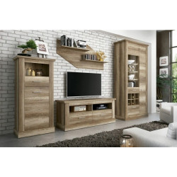 Conjunto de salón: bodeguero, bajo TV, vitrina y estante, efecto madera, 297 cm – Alabama